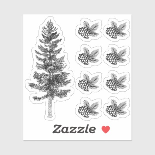 Rustieke schets dennenboom & kegels bos bosland sticker (Vel)