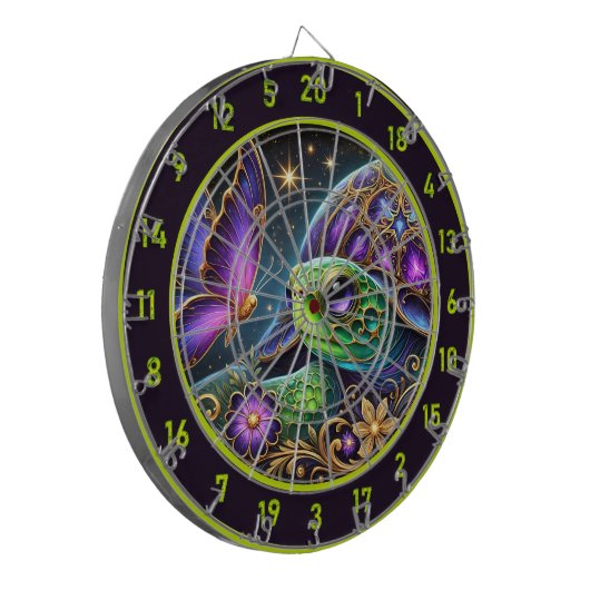 Rustieke schildpad en vlinder kosmische kunst dartbord (Voorkant Links)