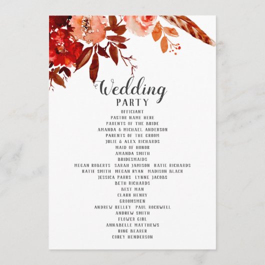 Rustieke schoonheid Floral Boho chique huwelijksce Programmakaart (Achterkant)