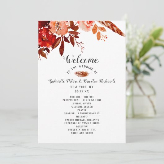 Rustieke schoonheid Floral Boho chique huwelijksce Programmakaart (Staand voorkant)