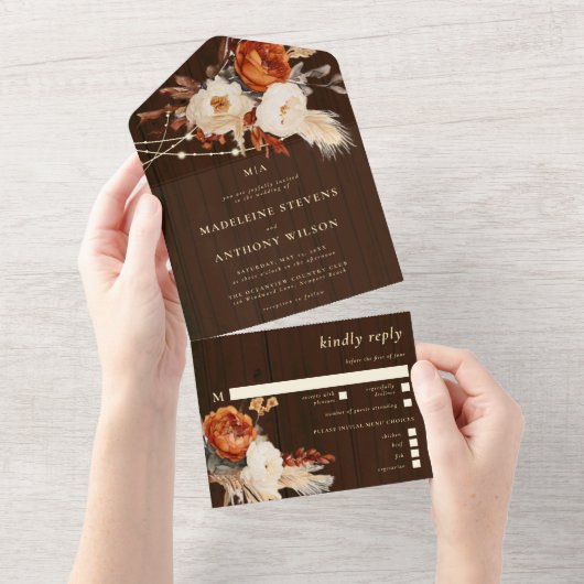 Rustieke schuur Bloemen Botanische Herfst Boho Wed All In One Uitnodiging (Afscheurbaar)