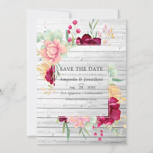 Rustieke schuur bordeauxrood en blozende bloemige  save the date (Voorkant)
