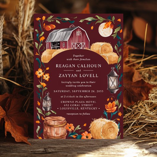 Rustieke schuur Bourgondische herfstlantaarn bloem Kaart