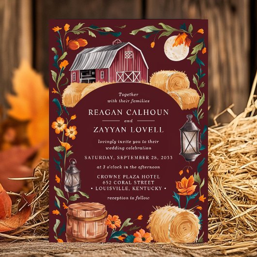 Rustieke schuur Bourgondische herfstlantaarn bloem Kaart