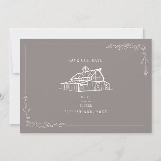 Rustieke schuur bruiloft Amethist grijs Save the D Date (Voorkant)