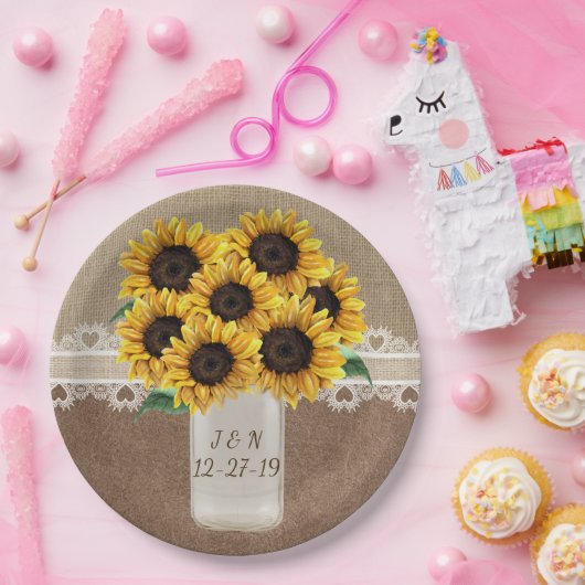 Rustieke Schuur Bruiloft Hout Mason Jar Zonnebloem Papieren Bordje (Feest)