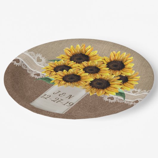 Rustieke Schuur Bruiloft Hout Mason Jar Zonnebloem Papieren Bordje (Gekanteld)