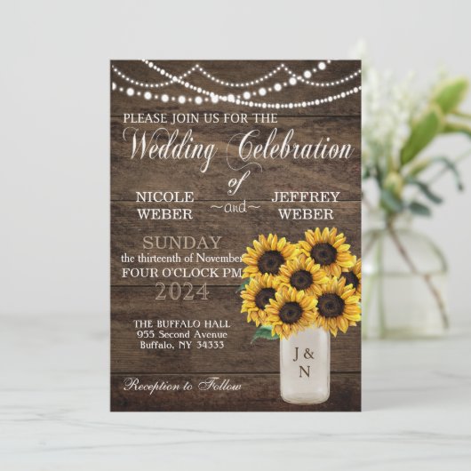 Rustieke schuur bruiloft hout metselaar zonnebloem kaart (Staand voorkant)