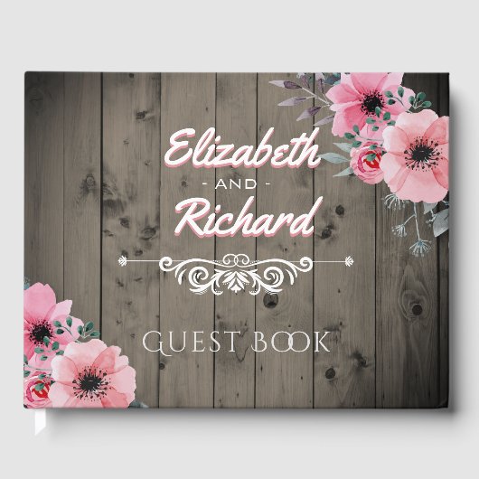 Rustieke schuur bruiloft hout roze bloemen gastenboek (Voorkant)