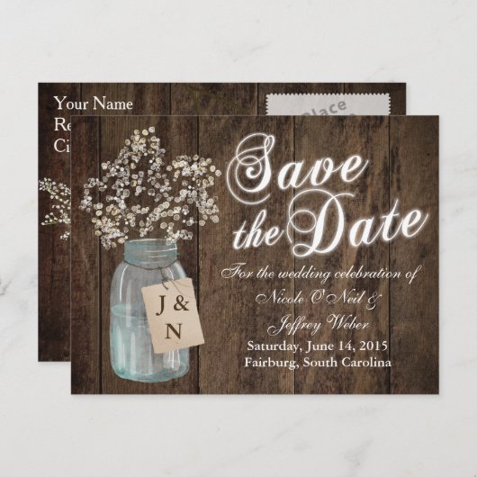 Rustieke schuur bruiloft houten metselaars pot bab aankondigingskaart (Voorkant / Achterkant)