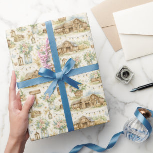 Rustieke schuur bruiloft watercolor patroon cadeaupapier