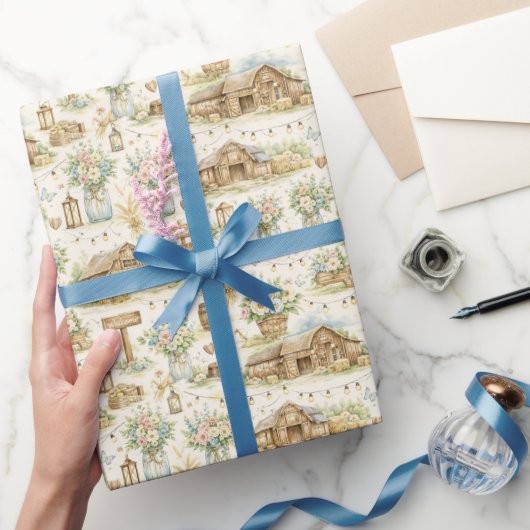 Rustieke schuur bruiloft watercolor patroon cadeaupapier (Geschenken)