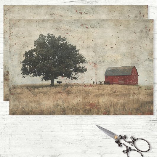 Rustieke Schuur Eiken Boom en Koe Schilderen Decou Tissuepapier