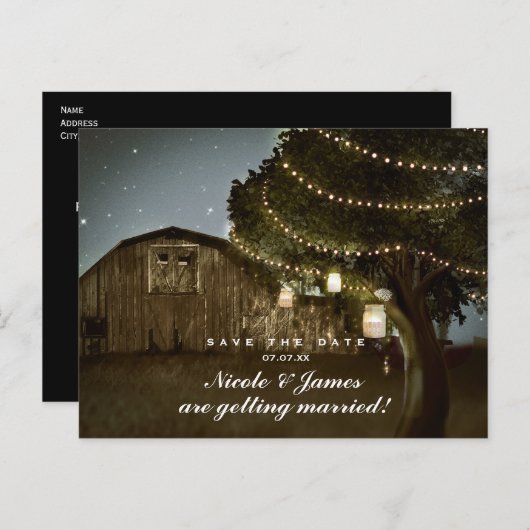 Rustieke schuur- en boomverlichtingsbruiloft Save Aankondigingskaart (Voorkant / Achterkant)