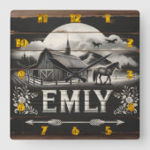 Rustieke schuur en paard bij zonsondergang op het vierkante klok (Voorkant)