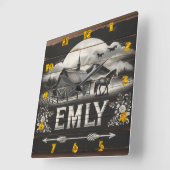 Rustieke schuur en paard bij zonsondergang op het vierkante klok (Hoek)