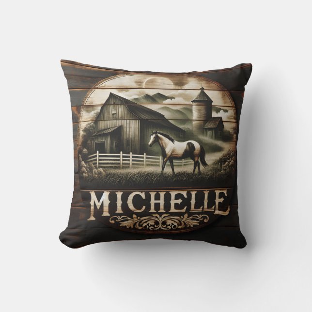 Rustieke schuur en paard illustratie bij Twilight Kussen (Voorkant)