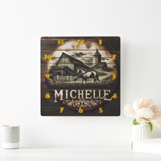 Rustieke schuur en paard illustratie bij Twilight Vierkante Klok (Huis)