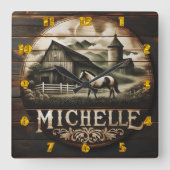 Rustieke schuur en paard illustratie bij Twilight Vierkante Klok (Voorkant)