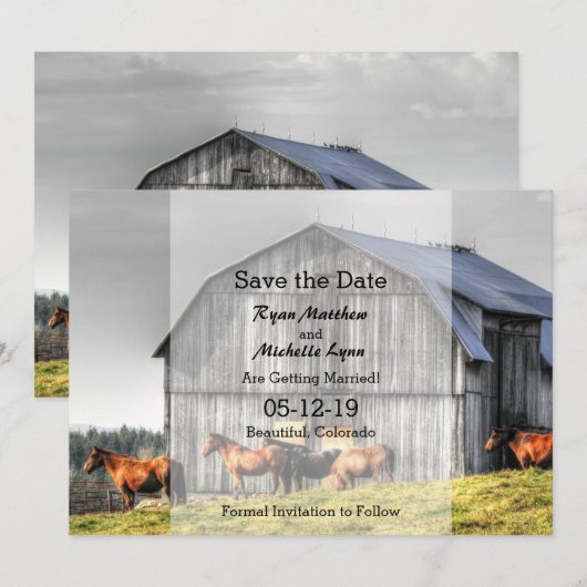 Rustieke schuur en paarden Save the Date-huwelijk Kaart (Voorkant / Achterkant)