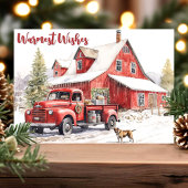 Rustieke schuur en rode vrachtwagen winter feestdagen kaart