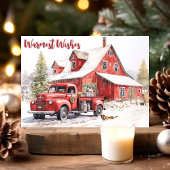 Rustieke schuur en rode vrachtwagen winter feestdagen kaart
