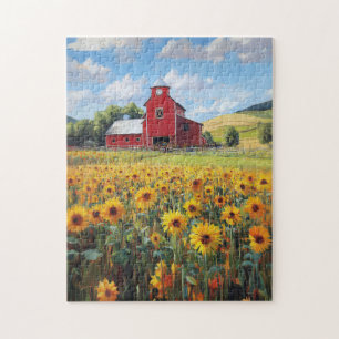 Rustieke Schuur en Zonnebloem Field Painting Legpuzzel