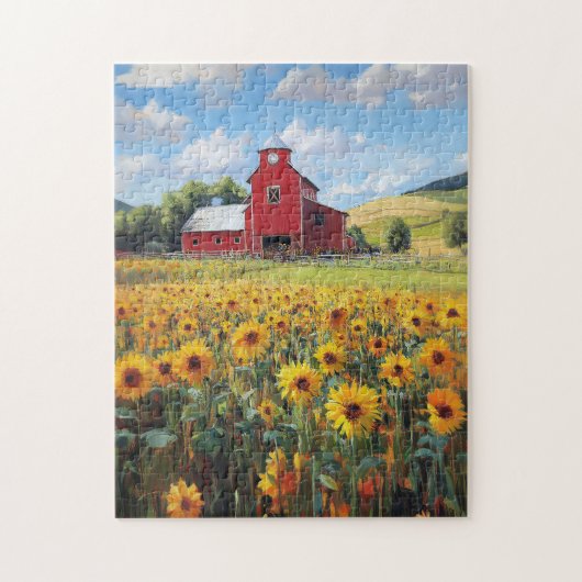 Rustieke Schuur en Zonnebloem Field Painting Legpuzzel (Verticaal)