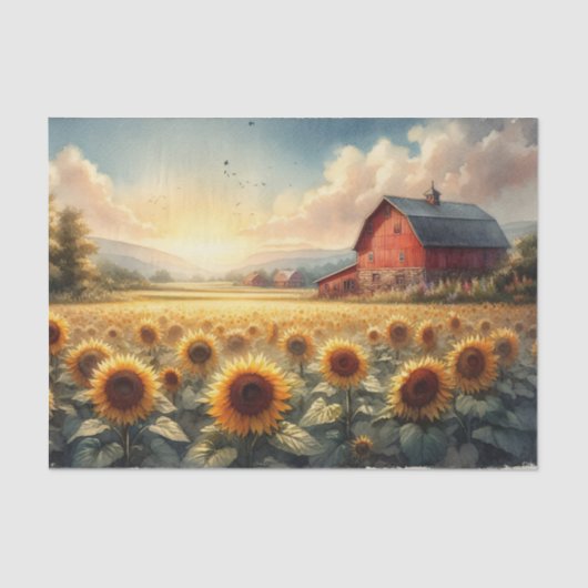 Rustieke schuur en zonnebloemen Waterverf Decoupag Tissuepapier (Voorkant)