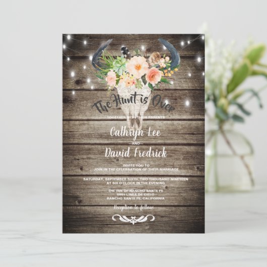 Rustieke schuur Floral Antler Hunt Avond bruiloft Kaart (Staand voorkant)