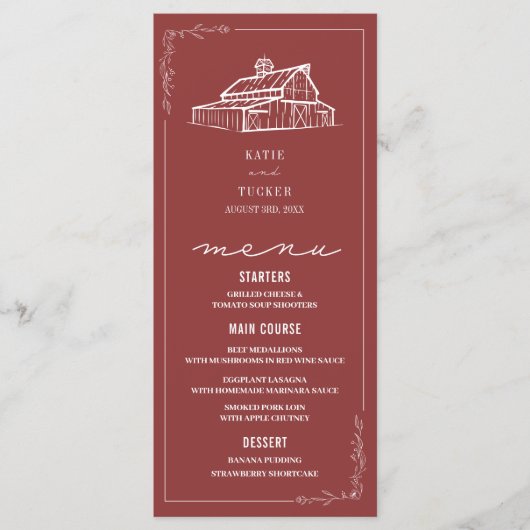 Rustieke schuur gedempt rode herfst bruiloft menu (Voorkant)