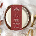 Rustieke schuur gedempt rode herfst bruiloft menu<br><div class="desc">Bruiloft welkom met rustieke schuur illustratie over gedempte rode achtergrond.</div>