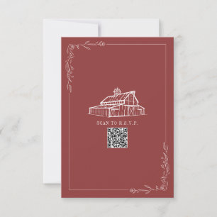 Rustieke schuur gedempt rode QR code bruiloft RSVP Kaartje