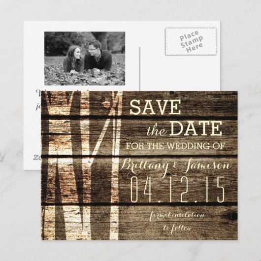 Rustieke Schuur Hout Berk Bomen Winter Save the Da Aankondigingskaart (Voorkant / Achterkant)