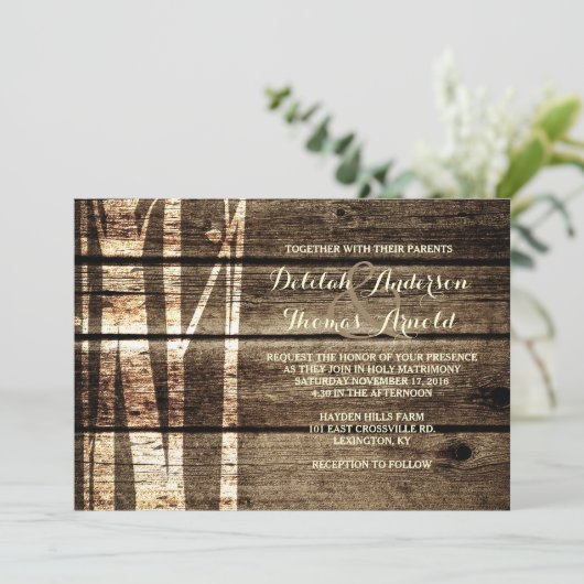 Rustieke Schuur Hout Berken Bomen Winter Huwelijks Kaart (Staand voorkant)