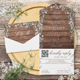 Rustieke schuur hout bloem groen QR Code bruiloft All In One Uitnodiging