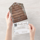 Rustieke schuur hout bloem groen QR Code bruiloft All In One Uitnodiging (Afscheurbaar)