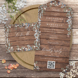 Rustieke schuur hout bloem groen QR Code Trouw A All In One Uitnodiging