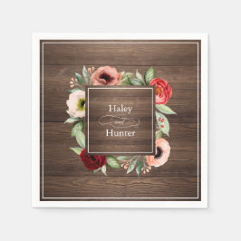 Rustieke schuur hout bloemenbruiloft met namen servet