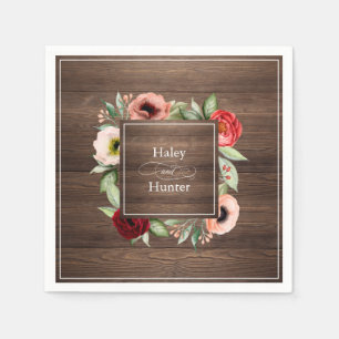 Rustieke schuur hout bloemenbruiloft met namen servet