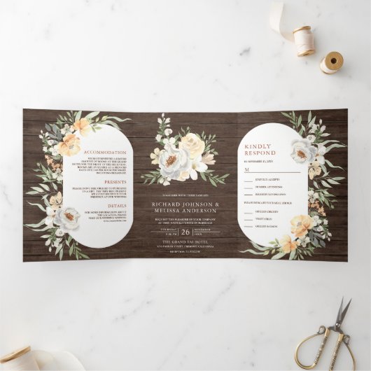 Rustieke schuur hout Boho aardeachtige perzik bloe Drieluik Uitnodiging (Binnen)