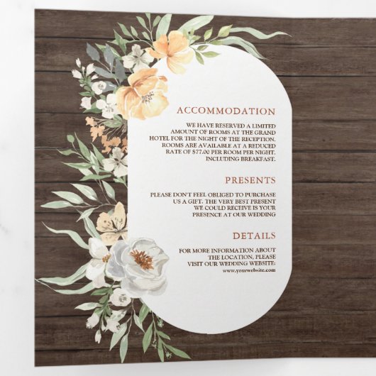 Rustieke schuur hout Boho aardeachtige perzik bloe Drieluik Uitnodiging (Binnenzijde eerst)