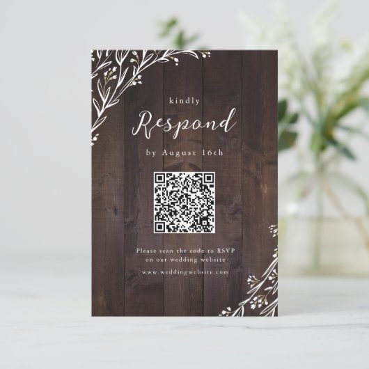 Rustieke schuur Hout Boho Bloemen Land QR code RSVP Kaartje (Staand voorkant)