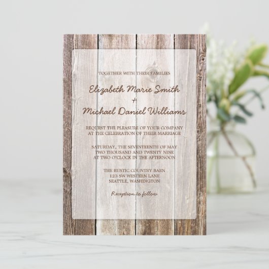 Rustieke schuur hout bruiloft uitnodigingen (Staand voorkant)