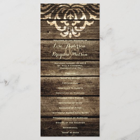Rustieke schuur hout damast vintage bruiloft progr programmakaart (Voorkant)
