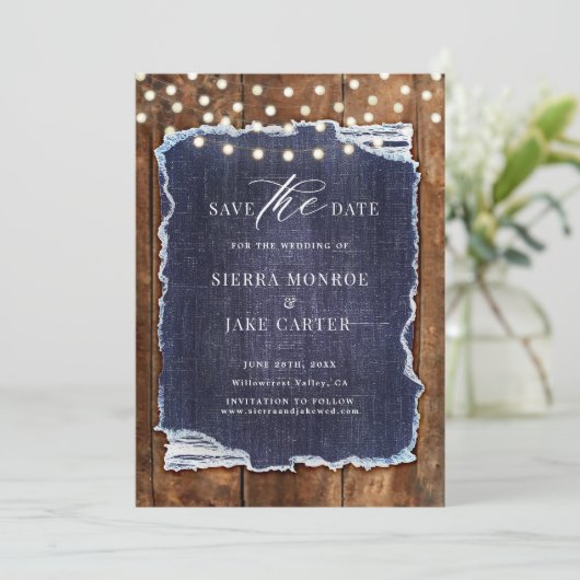 Rustieke Schuur Hout Denim Foto Huwelijk Save Datu Kaart (Staand voorkant)