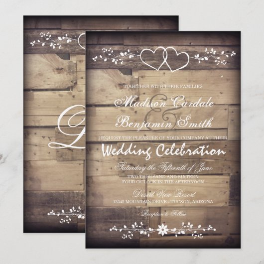 Rustieke schuur hout dubbele harten bruiloft uitno kaart (Voorkant / Achterkant)