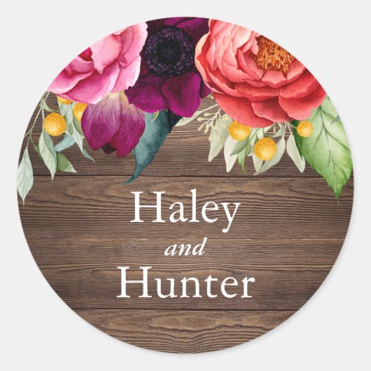 Rustieke schuur hout en bloemen bruiloft ronde sticker (Voorkant)