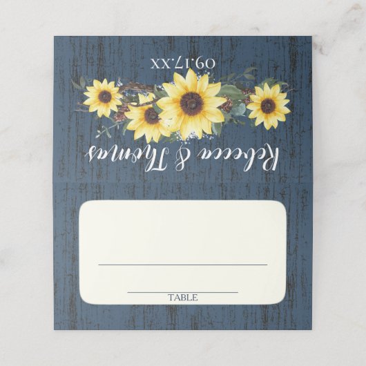 Rustieke schuur hout en zonnebloemen blauw plaatskaartje (Buitenkant ongevouwen)