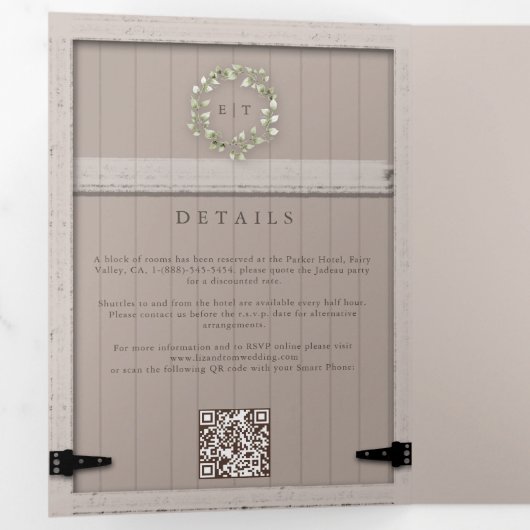 Rustieke schuur Hout Eucalyptus Crest Elegant Huwe Drieluik Uitnodiging (Binnenzijde eerst)